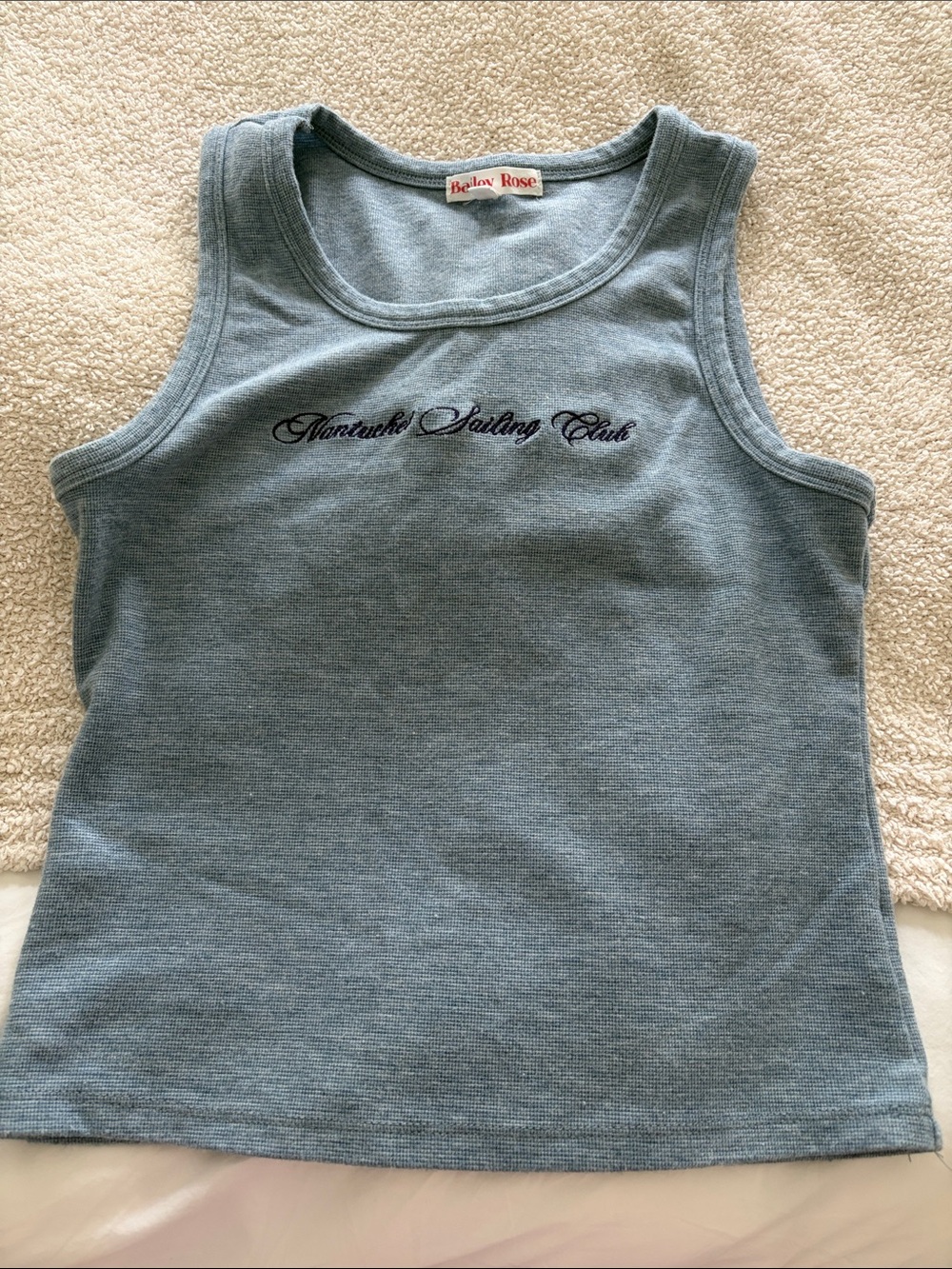Below Rose Blue Ribbed Tank with Nantucket Sailing Club Script